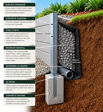 Cutaway diagram of a concrete sleeper retaining wall: galvanised steel posts in concrete footings, concrete sleeper panels, agricultural drain pipe at the base, geofabric lining, at least 300 mm of drainage aggregate behind the wall, and a spoon drain on top for surface water
