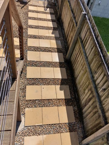 Sleeper steps and pavers climbing a side yard